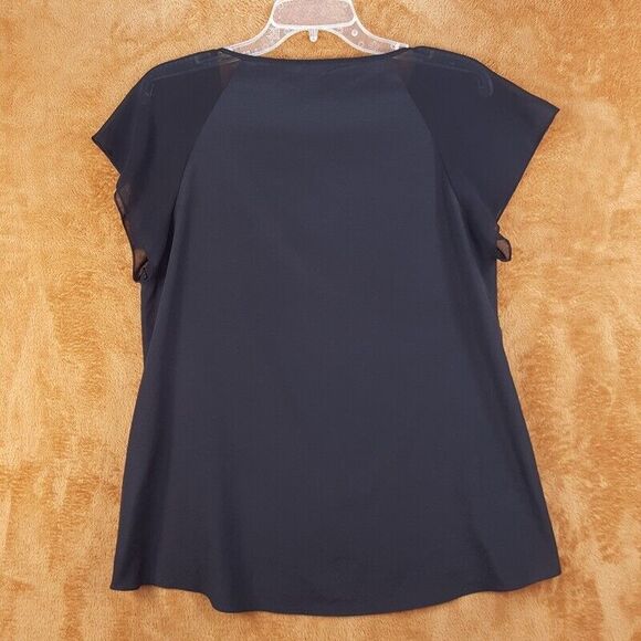 JAY GODFREY Womens Top Size 2 Black Pullover Satin Blouse Sheer Flutter Sleeve - Picture 3 of 7